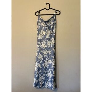Inspired Hearts | Light Blue Slip Dress with White Floral Design, Small Slit